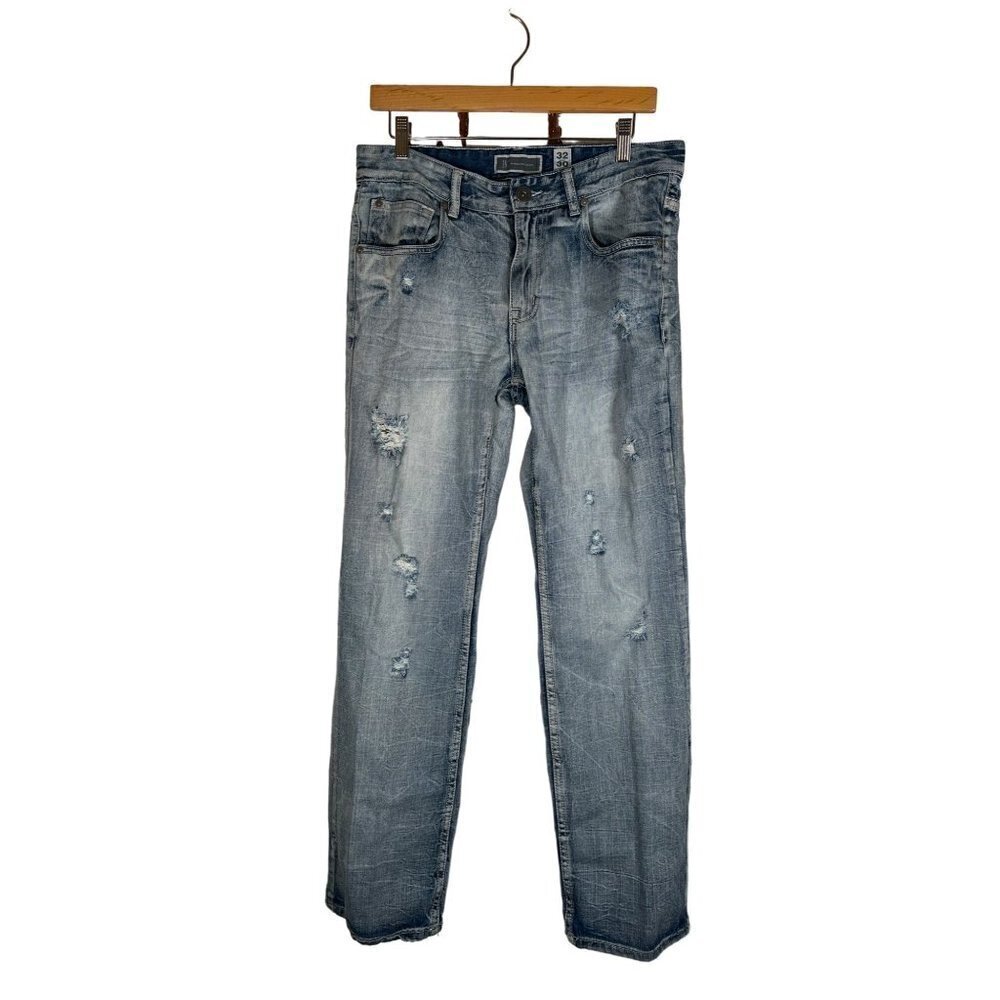 INC Womens Size 32x30 Blue Denim Berlin Slim Straight Jeans Distressed